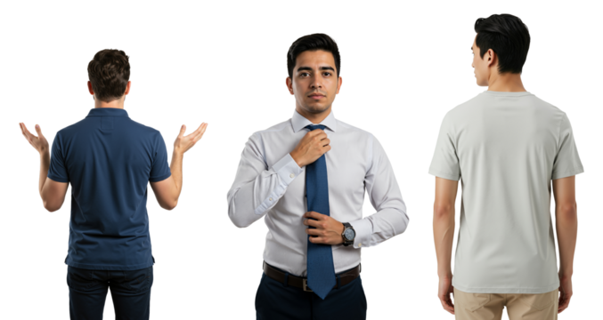 Collage of three diverse men from front and back view. Hispanic businessman adjusting tie, other men in casual shirts.