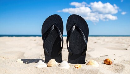 Fototapeta premium Pair of black rubber flip-flops on wet sand with small shells, background — blue sky and sea