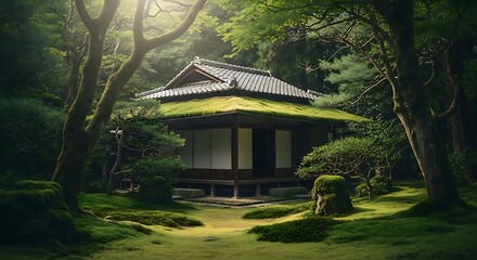 Tranquil Japanese garden house nestled among vibrant green moss and lush trees, a peaceful nature retreat.