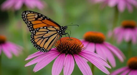Monarch Butterfly on Pink Coneflower in a Colorful Garden Setting