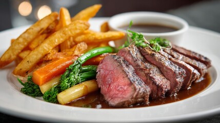 A perfectly cooked medium-rare steak served with crispy golden fries, fresh vegetables, and a rich gravy, elegantly plated on a white dish.