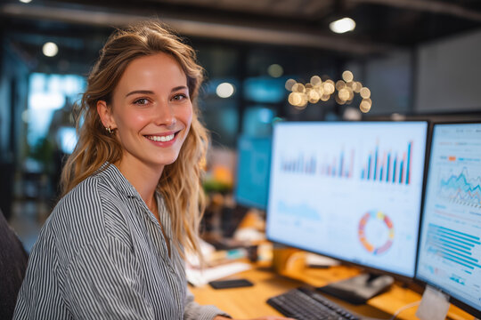 A woman is sitting at a desk with two computer monitors in front of her