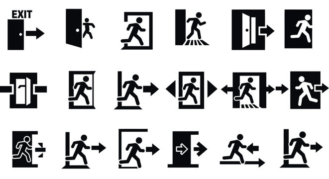 Emergency exit icons set featuring running figures and door arrows in black silhouette style