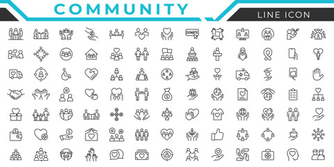 Community line icon set. Containg people, globe, home, heart Vector illustration isolated on white.