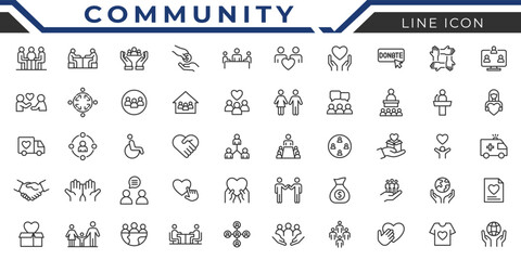 Community line icon set. Containg people, globe, home, heart Vector illustration isolated on white.