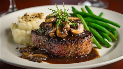 A plate of perfectly grilled steak topped with a rich mushroom sauce, served with a side of garlic mashed potatoes and sauted green beans in a fine dining setting.