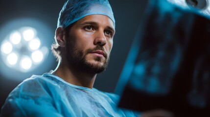 A surgeon carefully examines an x ray before a medical procedure in the operating room