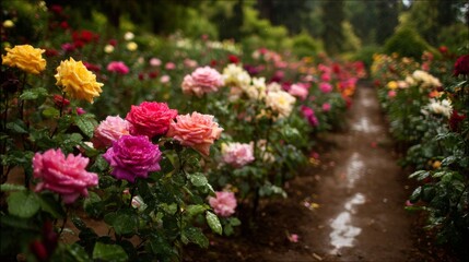 A rose garden after a light rain, with rows of roses in different shades, each bloom sparkling with water droplets under the gentle sunlight.