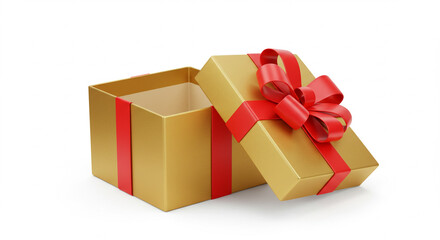 An elegant golden gift box with a vibrant red bow stands open, suggesting a recent surprise or future anticipation.