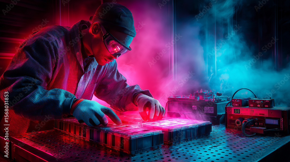 Poster scientist examining microchip circuit board with precision tools in a modern laboratory setting, foc