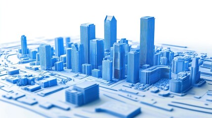 3D Rendered Blue Metropolis Skyline, Detailed Architectural Model