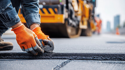 Construction worker testing asphalt compaction with a Proctor needle, quality control during road paving project, infrastructure development.
