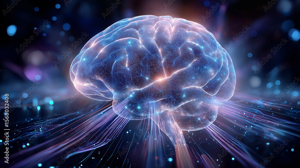 Poster futuristic brain visualization: neural network, digital connection, artificial intelligence, cyberne