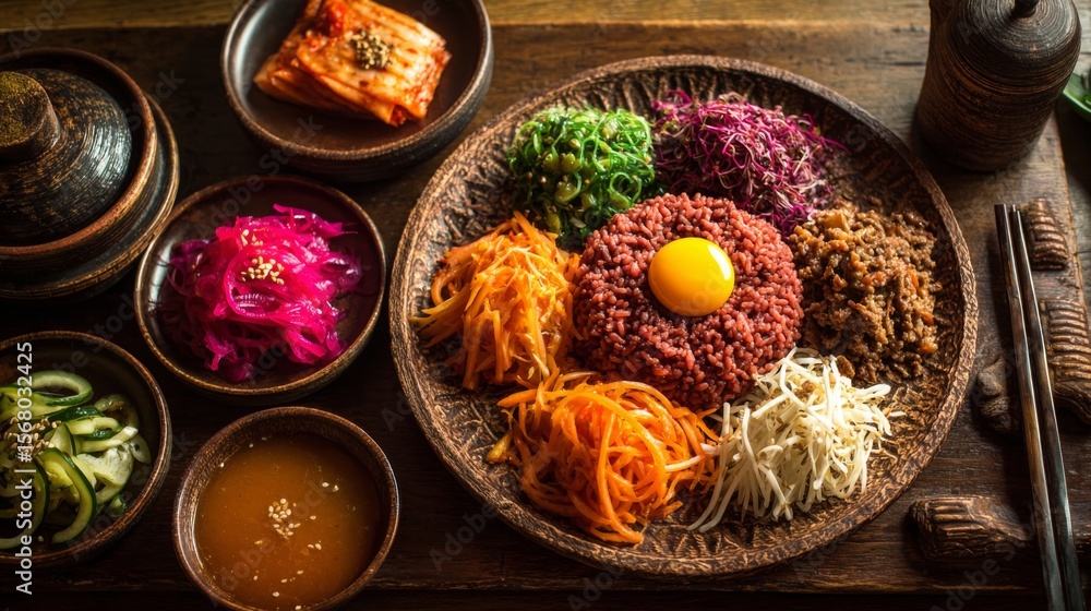 Poster A rustic table spread with beef rice, accompanied by pickled vegetables and a small bowl of dipping sauce, creating a flavorful and colorful meal presentation.