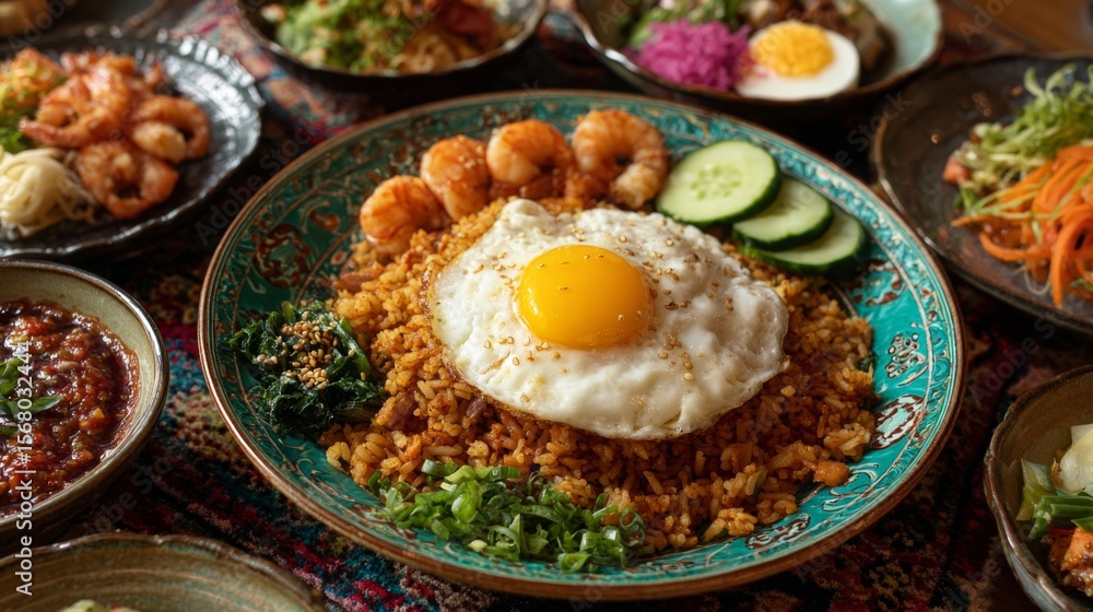 Poster A rustic table filled with a generous serving of fried rice surrounded by colorful garnishes, showcasing the dish as a centerpiece for a hearty meal.