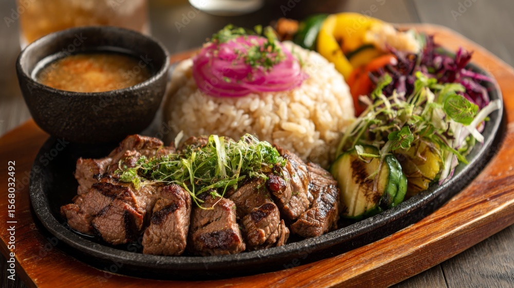 Poster a rustic table spread with beef rice, accompanied by pickled vegetables and a small bowl of dipping 