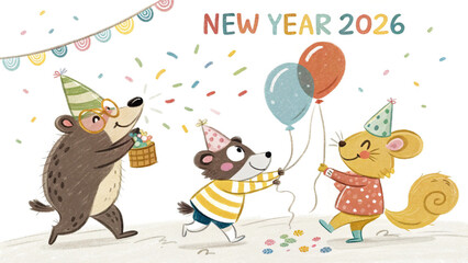 Three adorable cartoon animals celebrate new year 2026 with balloons and confetti