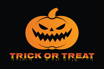 Halloween typography vector illustration. Spooky halloween pumpkin with dripping trick or treat text on black background