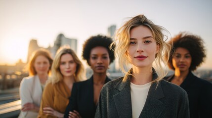 Obraz premium Confident Diverse Women Standing Together in Urban Setting at Sunset
