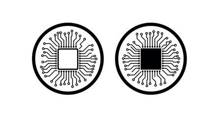 Minimalist circuit board icon set: circle design with linear and solid styles