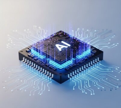 A close-up of a microchip with "AI" displayed, surrounded by glowing blue circuit patterns. - Powered by Adobe