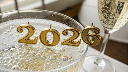 Gold 2026 candles float in a glass of bubbly champagne