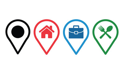 Colorful location pin icons with home, office suitcase and food symbol design