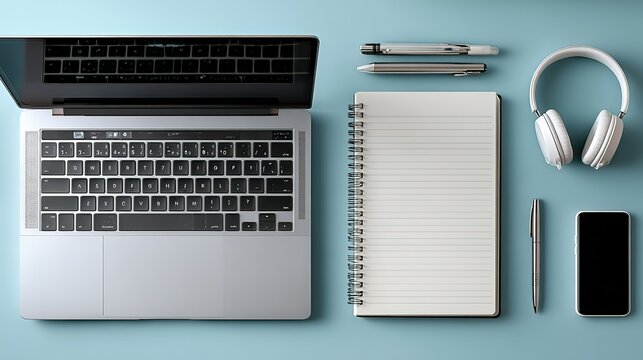 op-View Office Setup with Laptop, Headphones, Smartphone, Pens, and Notebook on Blue Background