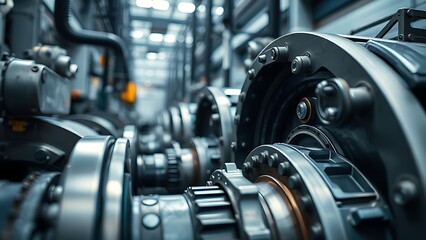 Industrial machinery components in a clean factory setting, showcasing precision and metal textures.