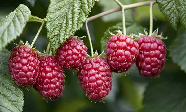 Close-up of ripe raspberries on a branch with green leaves