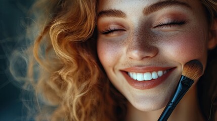Close-up portrait of a smiling woman with makeup application.