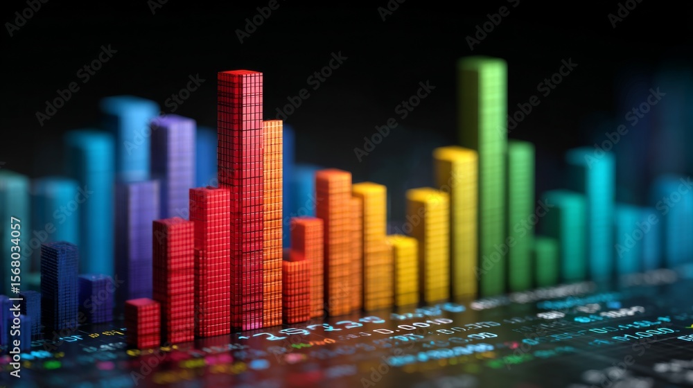 Poster a set of colorful d financial graphs showing stock performance and business growth, set against a da