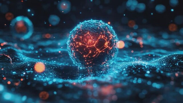 Cellular Symphony: A luminous, abstract depiction of a single cell, aglow with an intricate network of light and energy.