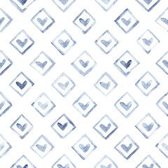 Soft and playful diamond pattern with hearts inside. Gentle watercolor texture gives a cozy and handmade feel. Ideal for baby products, romantic stationery, or wrapping paper.