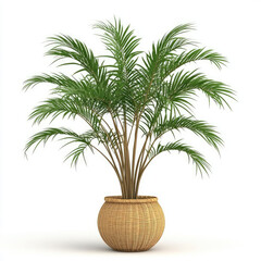 Obraz premium Tropical palm plant woven rattan basket pot with lush green leaves