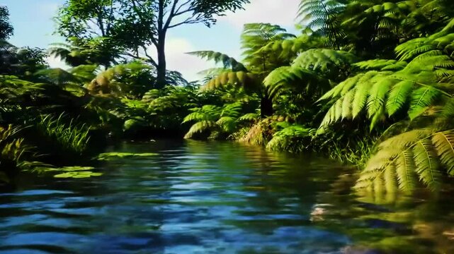 Sungai di antara bunga pakis raksasa, vegetasi rapat, air aliran lembut, Realistis, 3D look (cinematic), Statis (kamera diam), Smooth (gerakan tidak tersendat), 4K resolusi, Loopable seamless
