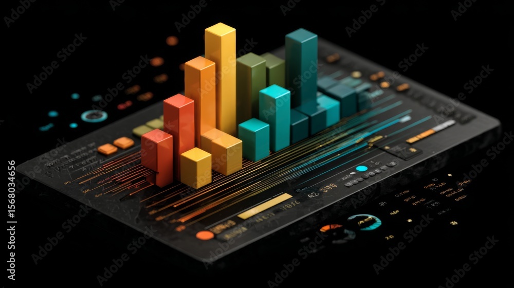 Poster a set of colorful d financial graphs showing stock performance and business growth, set against a da