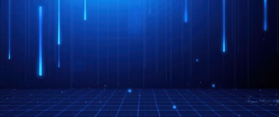 Abstract Blue Digital World: Futuristic background with neon lines falling on grid surface, particle effects.