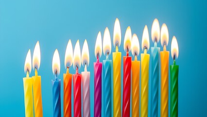 Vibrant candles glowing against a blue backdrop, creating a festive and celebratory atmosphere.