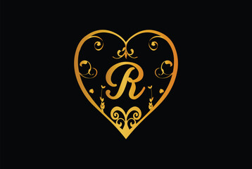Letter R logo vector with royal heart in gold color