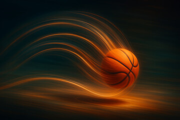 A basketball with motion blur trails on a dark background showcasing dynamic movement and energy in sport