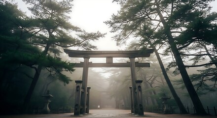A tranquil Japanese Torii gate emerges amidst lush trees, shrouded in mist, creating a serene and spiritual atmosphere.