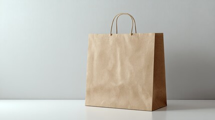 Recycled paper shopping bag against a plain background.