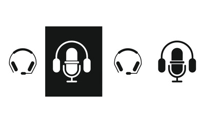 Headphones and Microphone Icons on Transparent Background Black and White Style