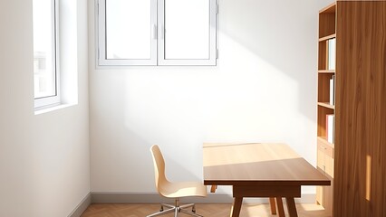 Minimalist office corner with wooden desk and chair, bathed in natural window light.