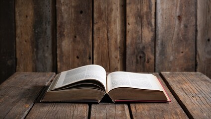An opened book sits on a wooden table inviting reading.
