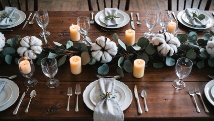 A beautifully arranged dining table with candles.