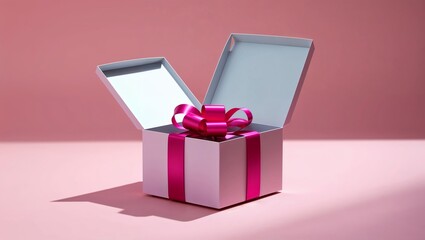 An open white gift box with a pink ribbon and style.