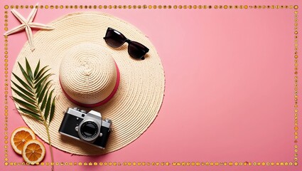 A summer-themed flat lay featuring travel essentials.