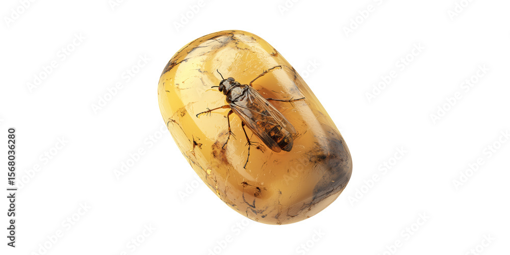 Poster insect encased in amber. fossilized preservation and ancient specimen isolated on transparent backgr